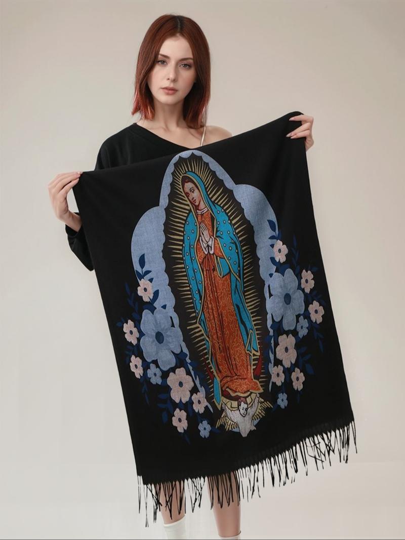 Elegant Printed Polyester Scarf with Tassel Fringe, Shawl Wrap for Women, Windproof & Warm, Perfect for Parties & Gifts, Tassel Decor Shawl