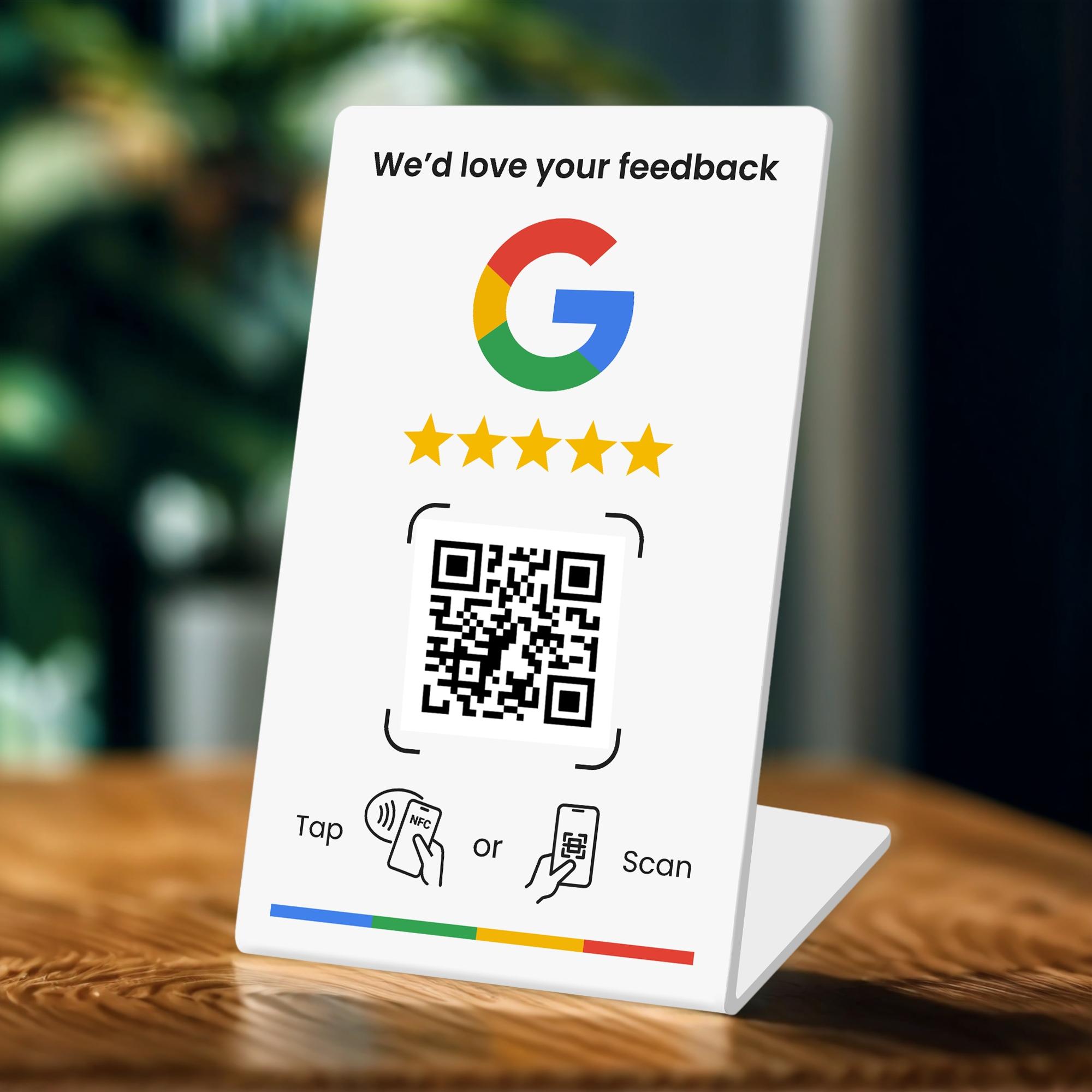 Review Business Stand for Google, NFC Tap & Dynamic QR Code, Easy Setup with Review Link Management, No APP Required, Review Us On Google , Review Sign,five-star rating  for  NFC Rating Card Stand, Flexible Design, Office Desk Accessories