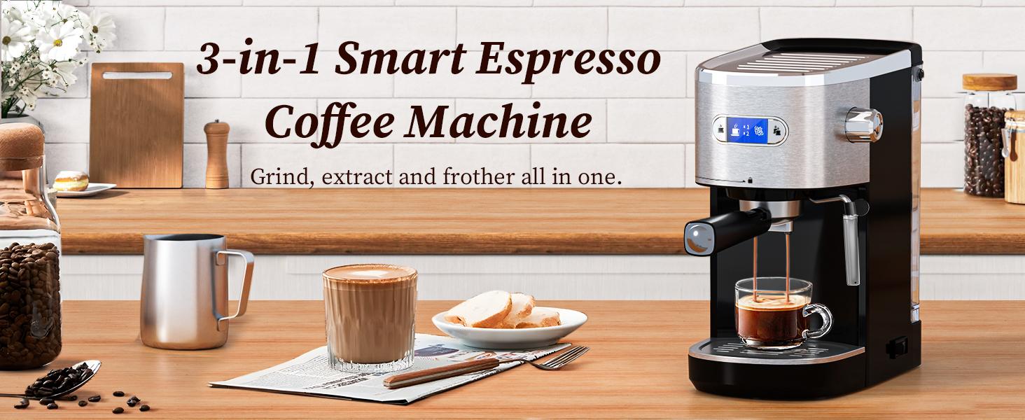 Espresso Coffee Maker Machine, 20 BAR Professional Espresso Maker with Milk Frother Steam Wand, 40-1/2 Oz Removable Water Tank, PCB Temperature Control, Compact Coffee Machine for Cappuccino, Latte,1350W