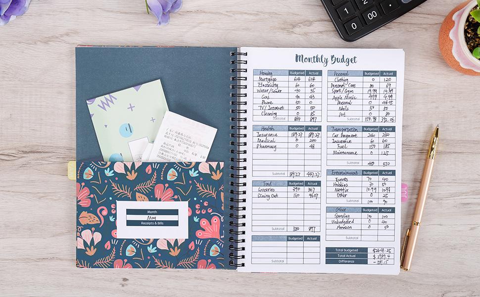 Soligt Monthly Budget Planner Book (Undated) with 12 Pockets for Income, Debt, Saving, Expense and Bill Tracker Organizer, Blue Floral, Spiral Design gsm thick Paper Stationery Financial Planning