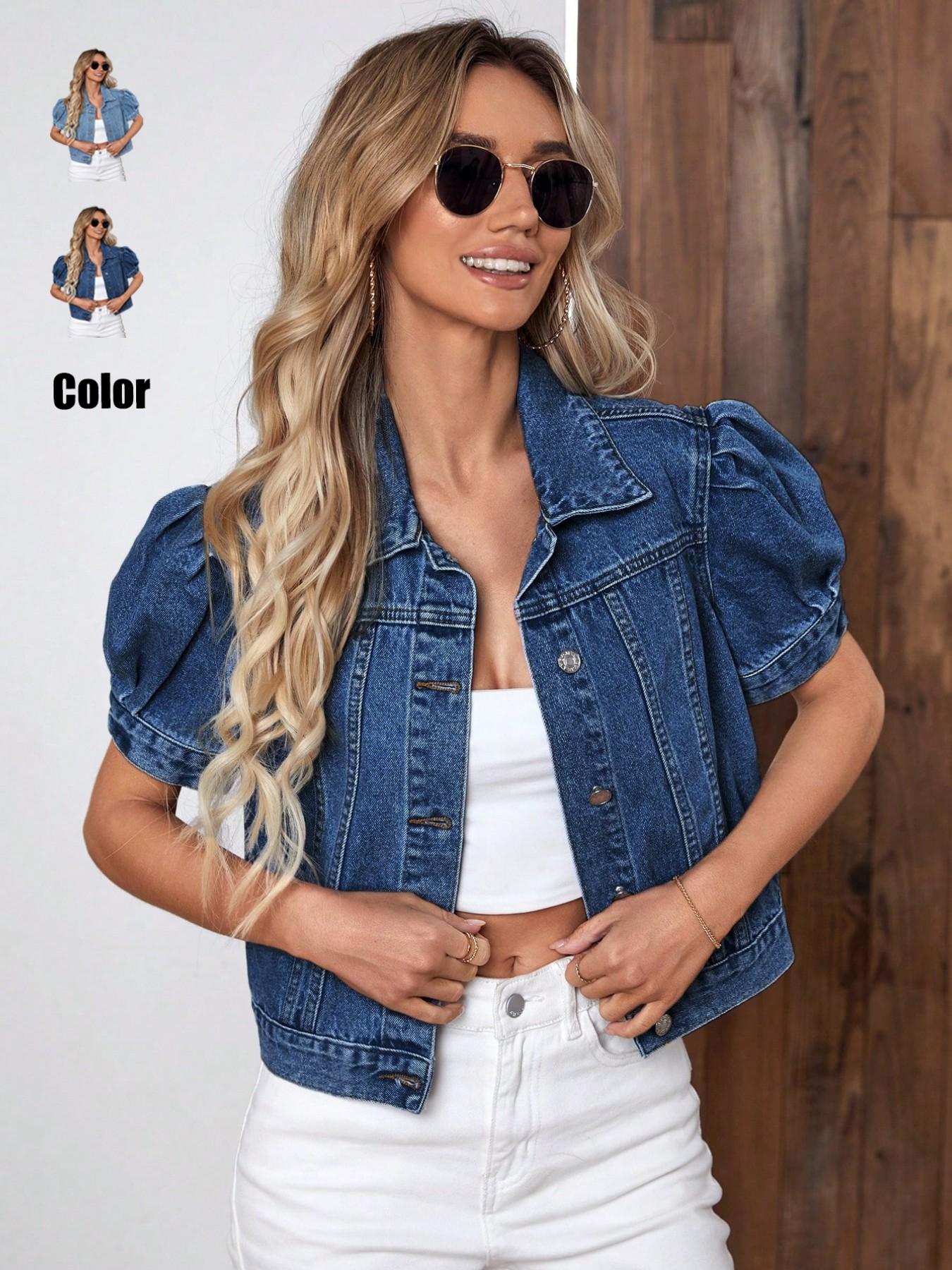 Women's Vintage Bubble Sleeve Denim Jacket Fit, Summer Thin High Waist Crop Top, Casual Fashionable Short Jean Coat for Women