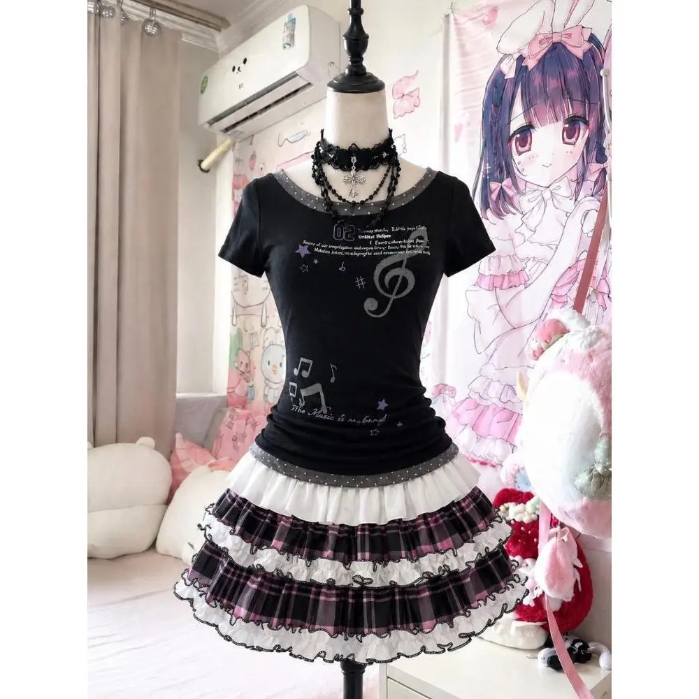 Retro Gothic Punk Matching Suits Women Y2K Cool Hot Printed Top Mini Skirt Harajuku Street Daily Club Party Outfits