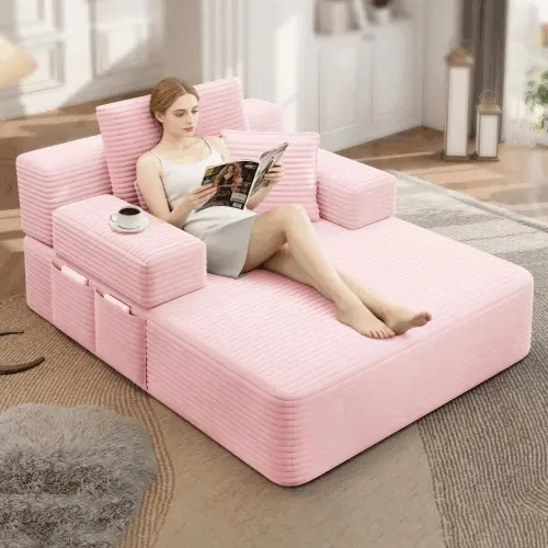 Oversized Plush Corduroy Chaise Lounge Sofa Bed,Convertible Sleeper Couch Bed w/ Storage Pockets,3 Soft Pillows ,Multi-Functional Frameless Sofa Couch for Apartment,Home Theater,Guest Room