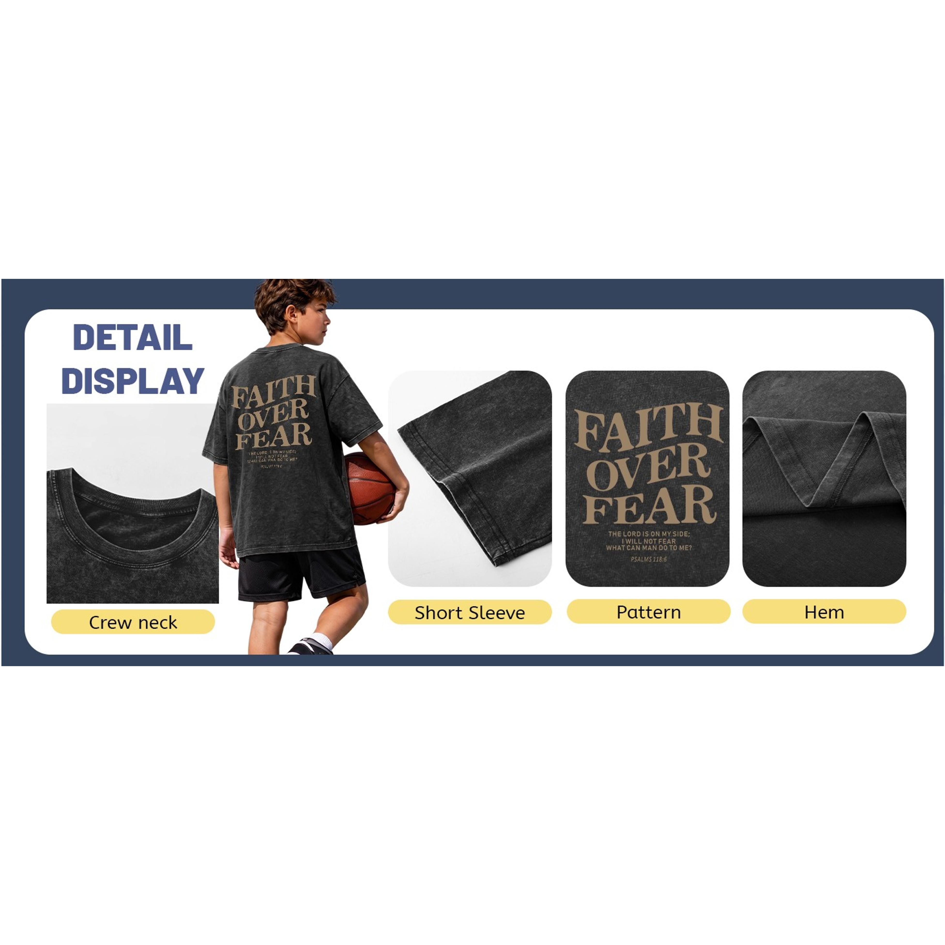 Boys Faith Over Fear Christian Jesus Graphic Tee - Bible Verse Religious Acid Wash T-Shirt for KidsGift
