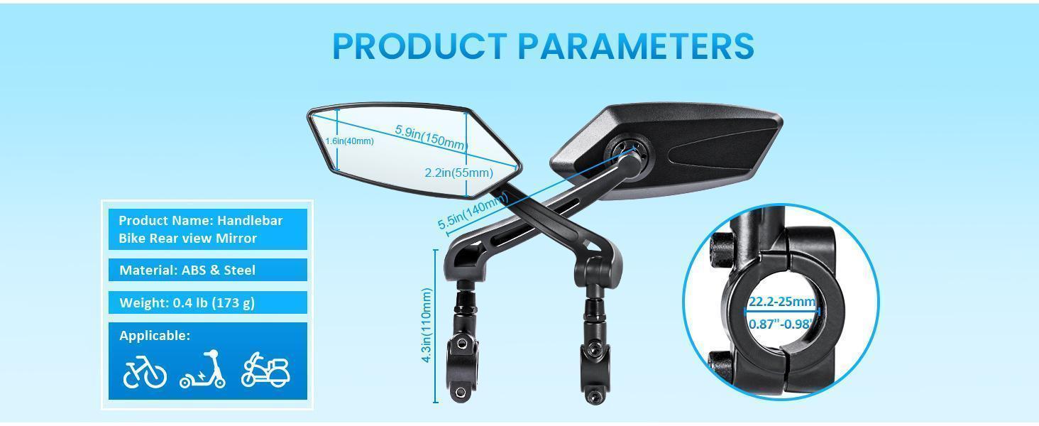 Mirror Handlebar 2pcs 360° Adjustable, Wide Rear View Mirror Bicycle Mirrors for Handlebars with Scratch Resistant Glass, Bike Rear View Mirror for Scooter, Motorcycle, Bike Accessory