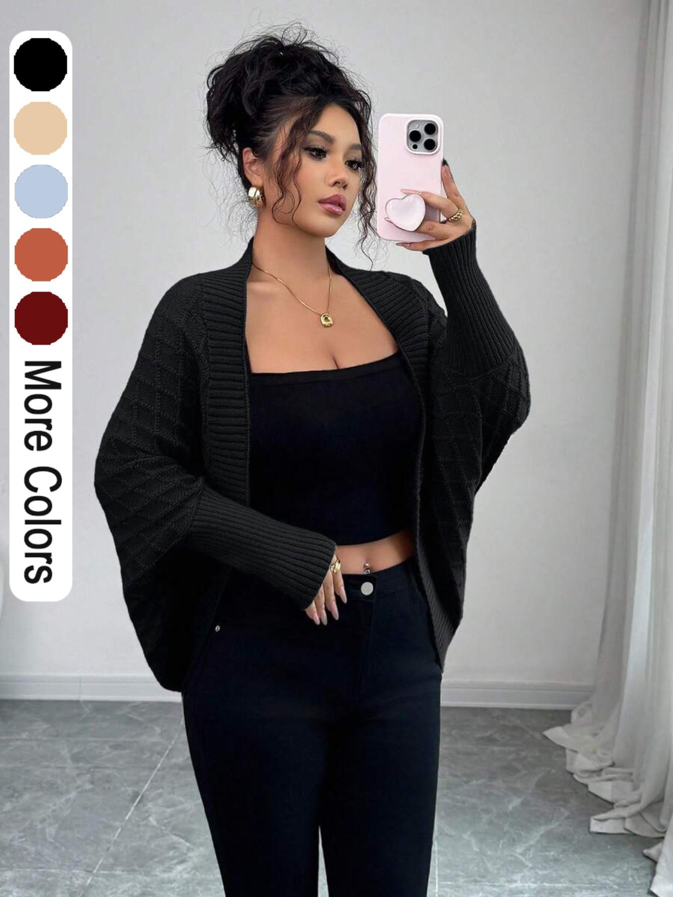Fall and Winter Basic Casual Everyday Bat-Wing Slihouette Knit Sweater Vintage Mid-Length Cardigan Office
