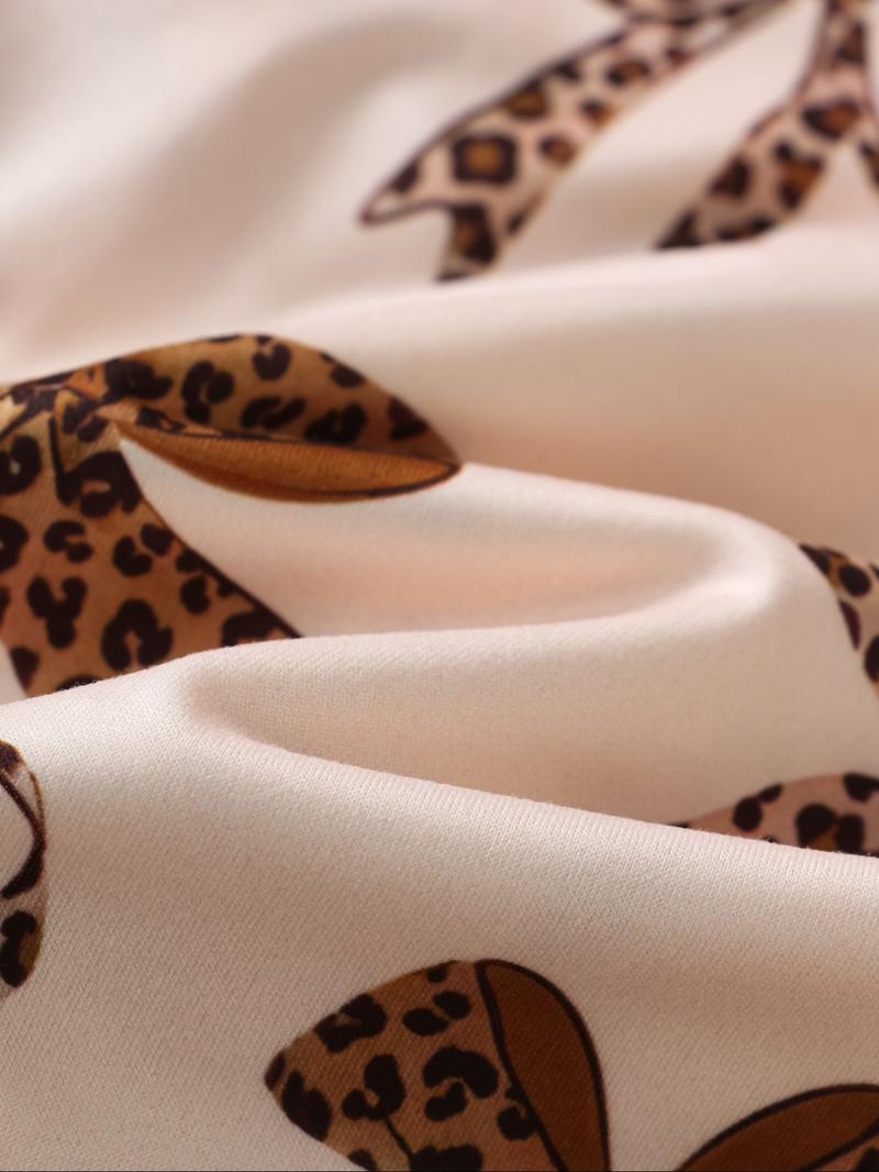 Women's Leopard Bow Print Sleepwear Set, Casual Fitted Short Sleeve Top & Loose Comfortable Shorts, Elegant Ladies' Nightwear