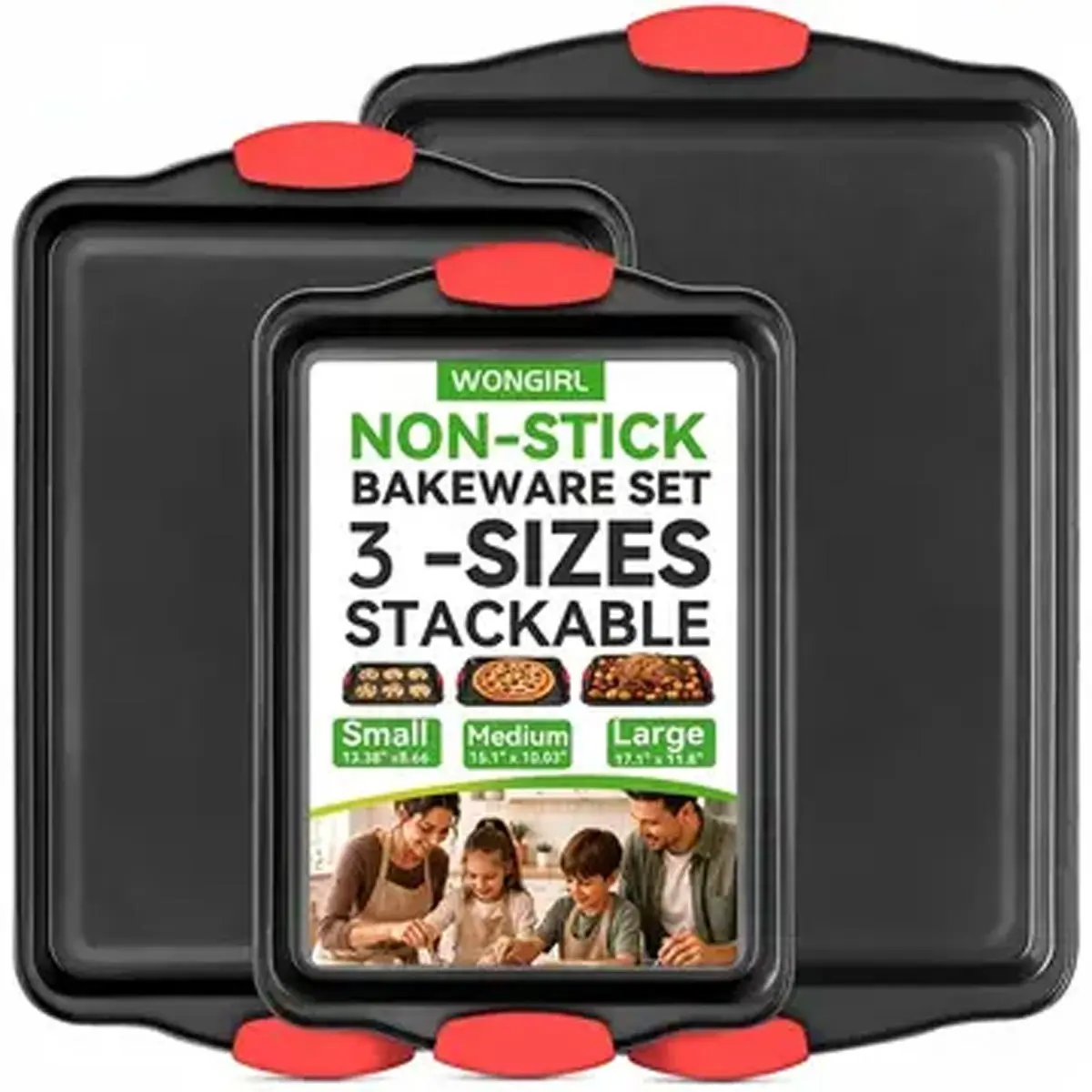 3/1Pack Non-Stick Baking Sheet Set, Stackable Carbon Steel Cookie Trays with Red Silicone Heat Resistant Grips, Small Medium Large Oven Bakeware Pans for Cookies Pizza Roasting Vegetables Ideal for Christmas Family Holiday Baking Daily Kitchen Cooking