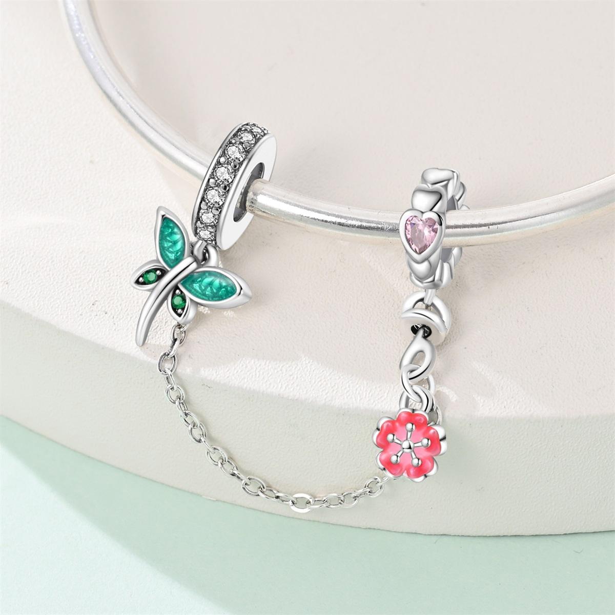 Single Piece Flower Safety Chain Charm, Dragonfly Cherry Blossom Arrow Design, Botanical Floral Jewelry for Pandora Bracelet