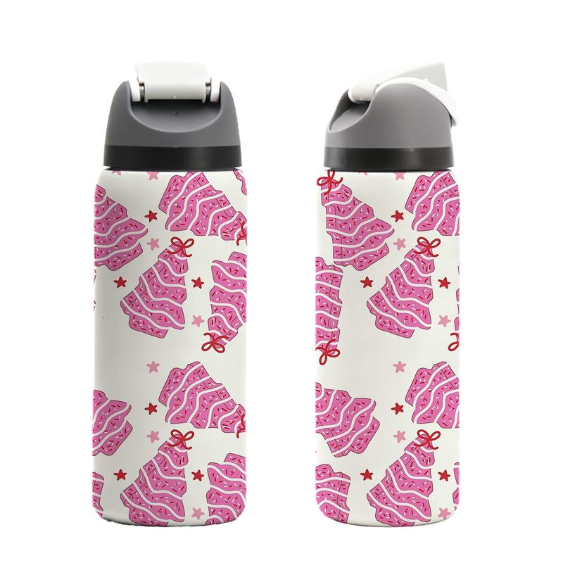 1 Pc19/24/32oz double wall insulated thermal mug, leak-proof skinny vacuum cup, Christmas cake and tree dessert pattern, pink background festive design, keeps hot 12 hours cold 24 hours, perfect gift for women men, holiday travel mug for hot cold drinks