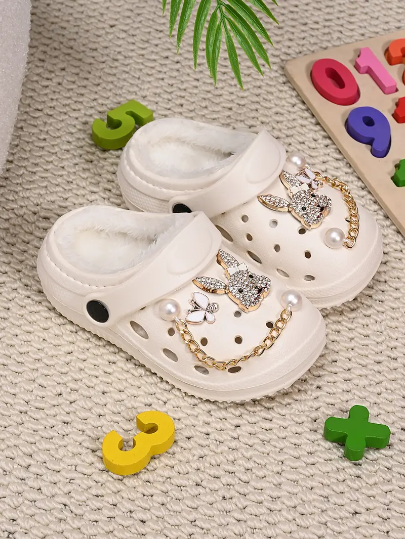 Water Drill Rabbit Butterfly Pearl Chain Fuzzy Warm Shoes, Girl Winter Anti-Slip Plush Toe Slippers, Casual Eva Material, Butterfly Pattern Slippers, Fuzzy House Slippers