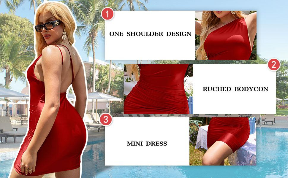 OYV Women's Satin One Shoulder Sleeveless Ruched Bodycon Party Club Mini Dress