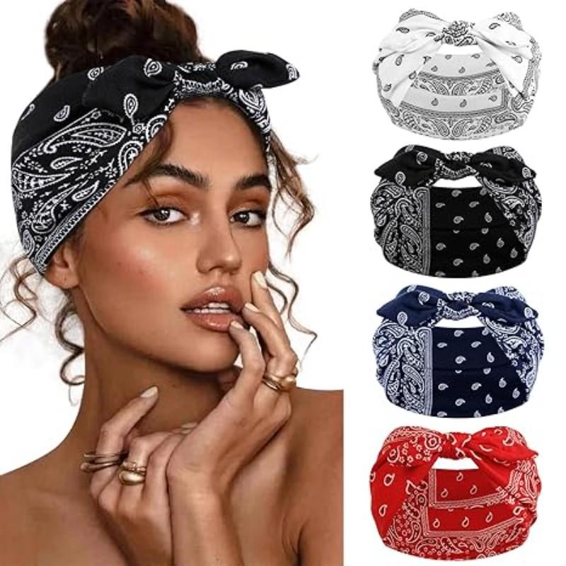 Women Rabbit Ear Hair Bands Set, Bunny Earbands, Paisley Boho Style Wide Headbands, No Slip Headbands, Anti-Slip Design, Thick African Sports Gym Workout Headband Scarf Accessories, Hairbands