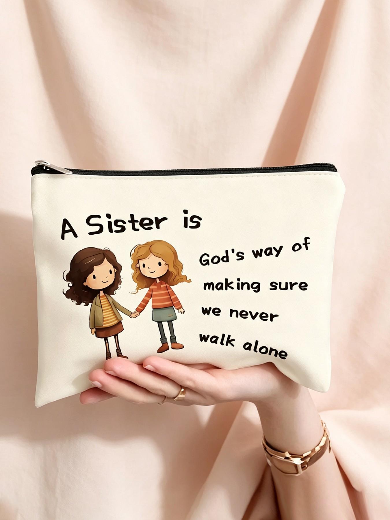 Warm Friend Theme Canvas Makeup Bag, Cartoon Sister Illustration, Zipper, Durable Fabric, Ideal for Daily Use and Travel Gifts
