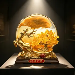 New Traditional Gold Deer Money Tree Sand Painting Ornament, Attracts Wealth and Good Fortune, Office Desk Decor, Business Moving Gift
