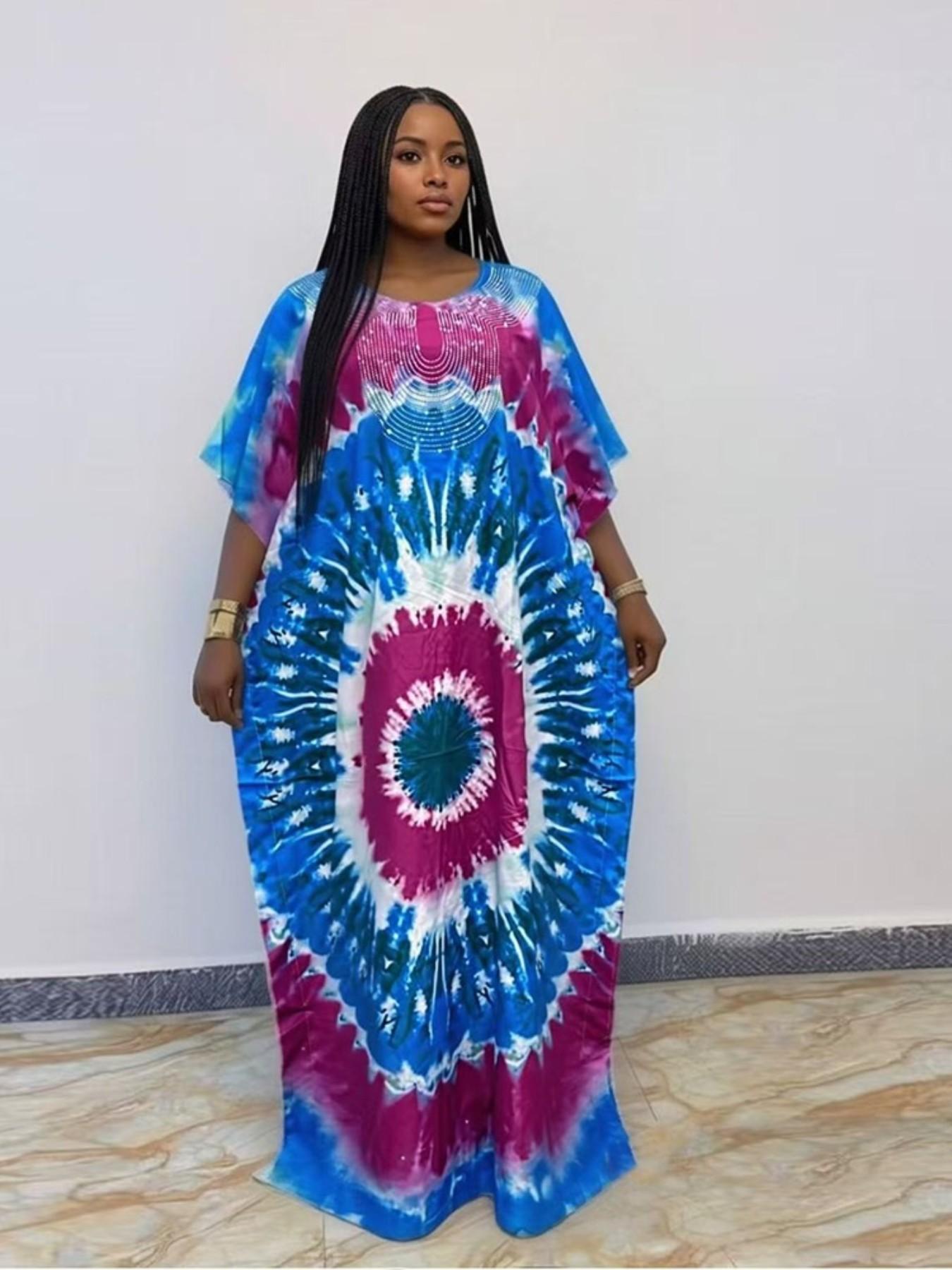 African Tie-Dye Embroidered Boubou Kaftan Long Dress, Traditional Clothing, Casual Daily Wear, Loose Fit, Plus Size, Vacation Style
