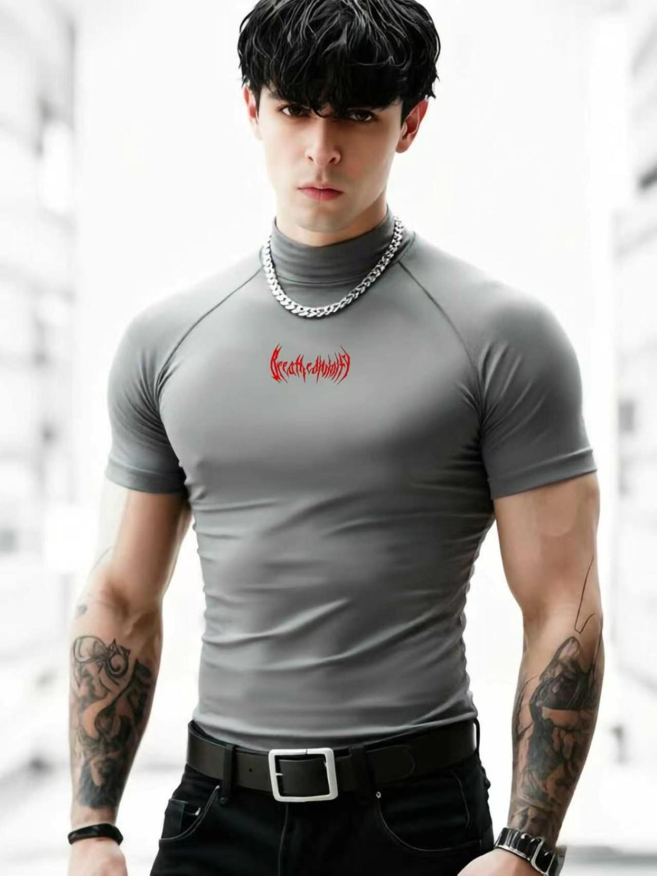 Men's Thorn Print High Neck Tight Fit Short Sleeve Gym Quick Dry Elastic Training Top, Sporty Casual Bottoms, All Seasons Wear