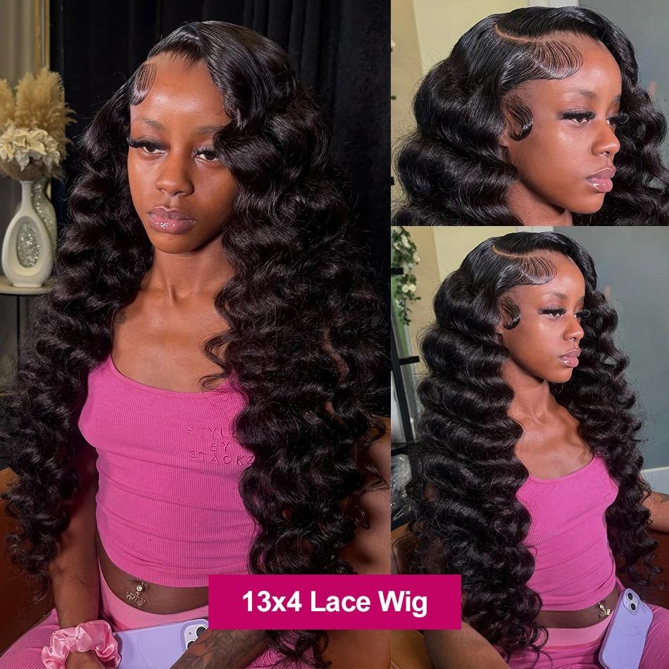 Loose Deep Wave Lace Front Wigs Human Hair 200 Density Glueless Wigs for Women Blended Hair Loose Wave 13x4 HD Transparent Lace Front Wigs Pre Plucked with Baby Hair Natural Black Color