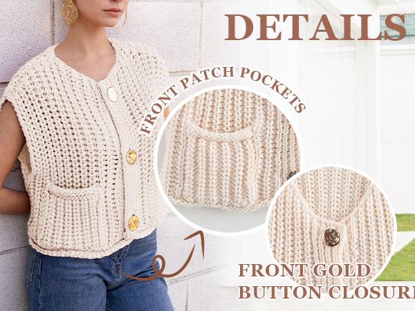 Hixiaohe Women's Casual Chic Knitwear Sleeveless Button-Down Crop Cardigan Sweater Vest with Pockets, Chic Women's Knitwear, Basic, Elegant Women's Knitwear