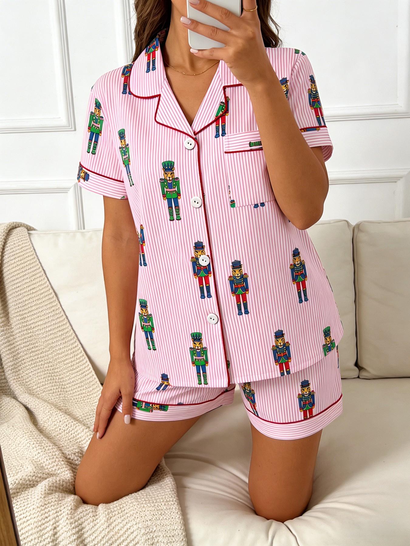 Women's Short Sleeve Button Down Top and Shorts Pajama Set, Spring Summer Wear, For Nutcracker Fairy Tale Lovers, Pink Stripe Colorful Nutcracker Soldier Print, Classic Lapel Collar, Loose Fit, Comfortable For Home & Holiday Gatherings
