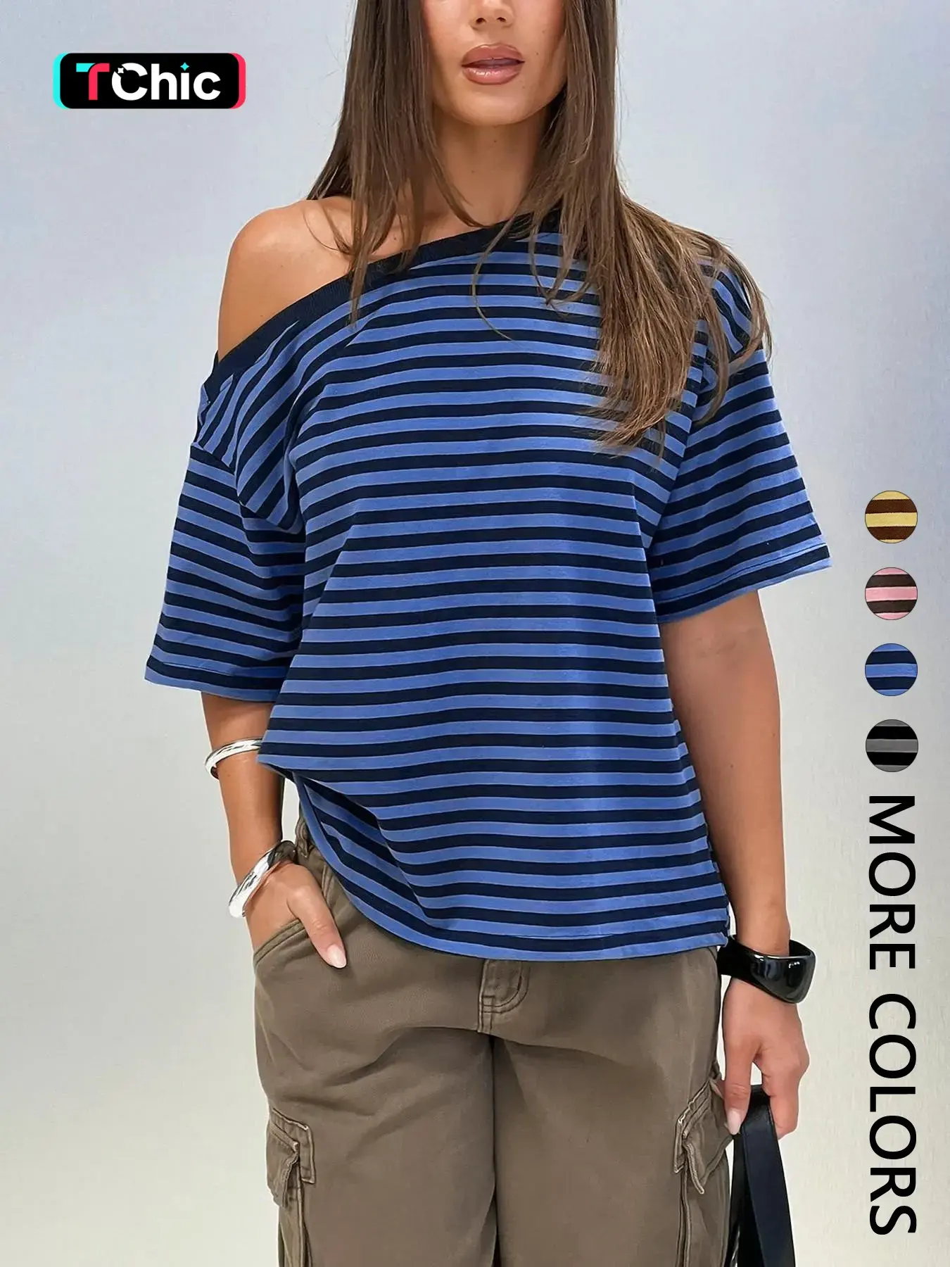 Women's Striped Off-Shoulder T-Shirt, Lightweight Casual Loose Fit Top, Comfortable Daily Wear, Trendy Summer Fashion