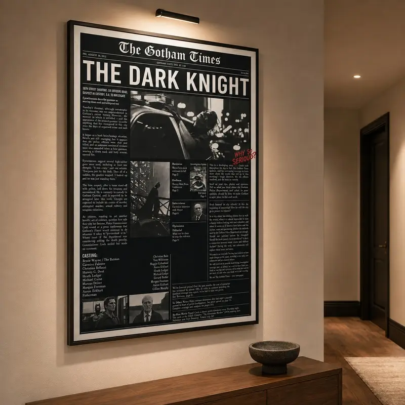 Vintage Dark Knight Gotham Times Newspaper Batman Movie Canvas Wall Art Print - Minimalist Hanging Artwork for Man Cave, Bedroom Decor, Home Theater Decor, Movie Room Decor, Gaming Room Decor, Film Lover Gift, Retro Wall Decor