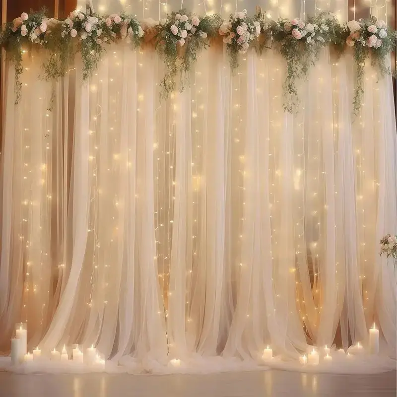 10x10ft Sheer Mesh Tulle Fabric Backdrop Curtain with String Lights, Photo Background Drapes for Wedding, Party Event Decorations,sohochic