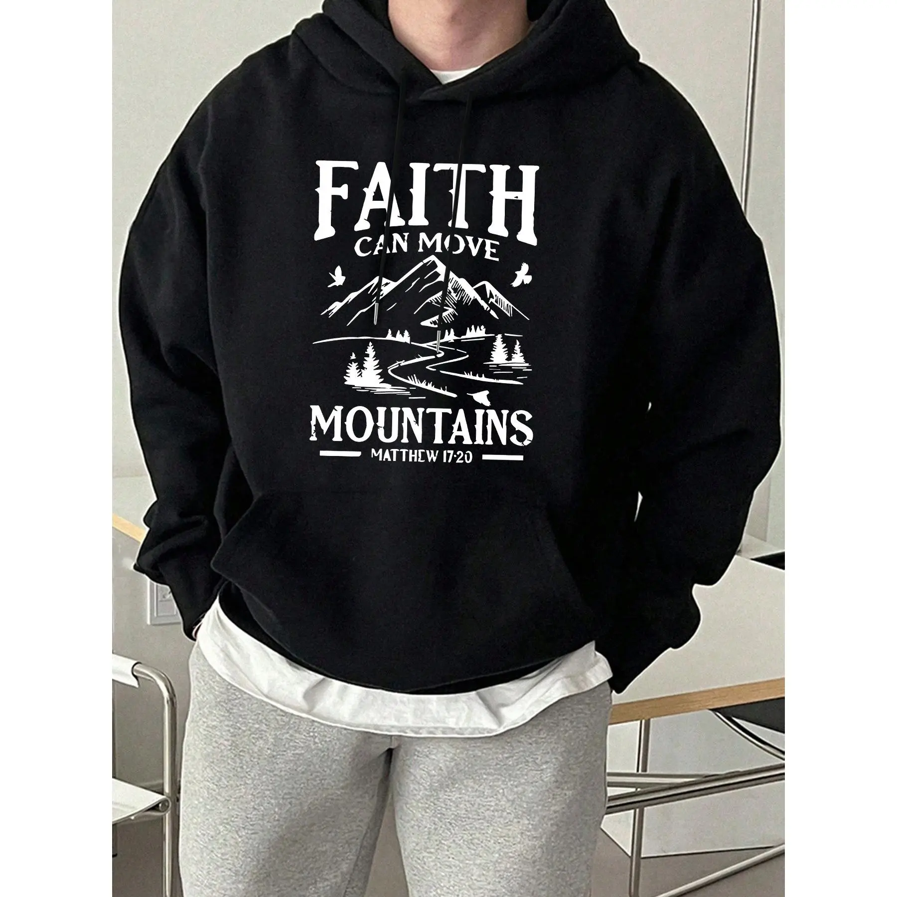 1pc 95% cotton 5% spandex pocket drawstring hoodie, "Adventure Mountains" print, autumn men's hoodie, loose fit, factory-made, 180g 100%