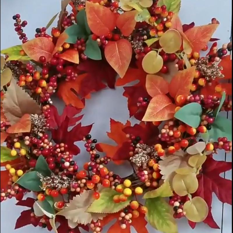 Vibrant Autumn Artificial Wreath, Maple Leaves with Mixed Berries, Rustic Thanksgiving and Fall Porch Decor