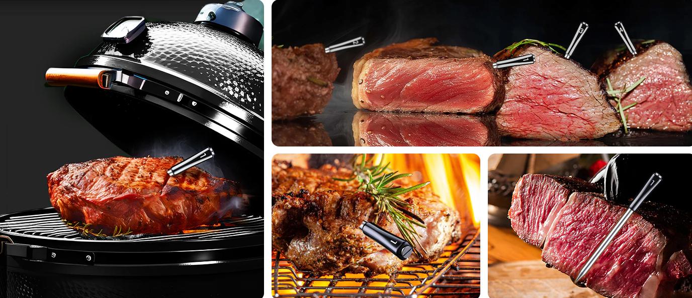 INKBIRD INT-14-BW Meat Thermometer, WiFi & Bluetooth Wireless, 4 Probes, Stainless Steel, IP67 Waterproof, 25-Hour Battery, Ideal for Barbecue & Frying, Holiday Gifts