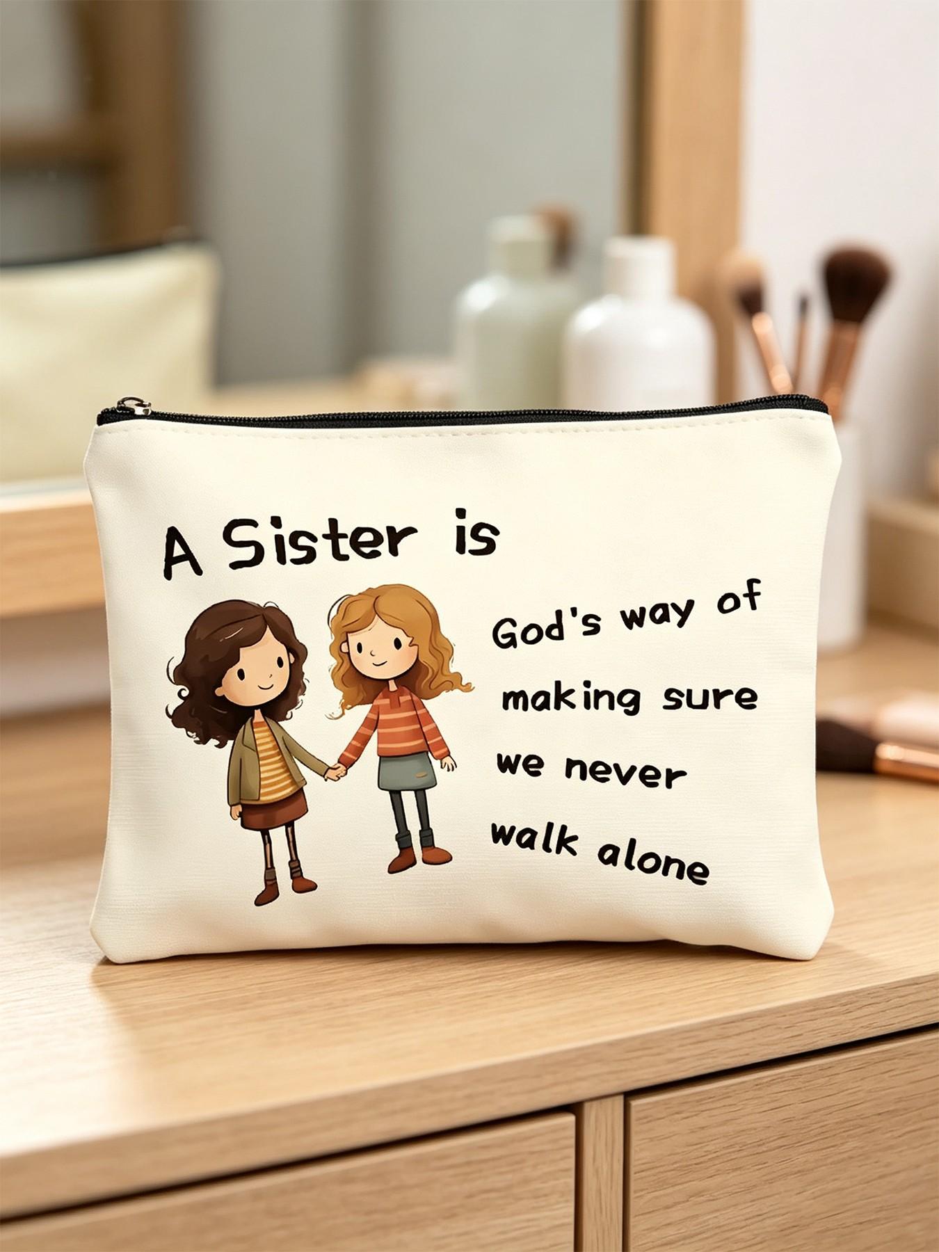Warm Friend Theme Canvas Makeup Bag, Cartoon Sister Illustration, Zipper, Durable Fabric, Ideal for Daily Use and Travel Gifts