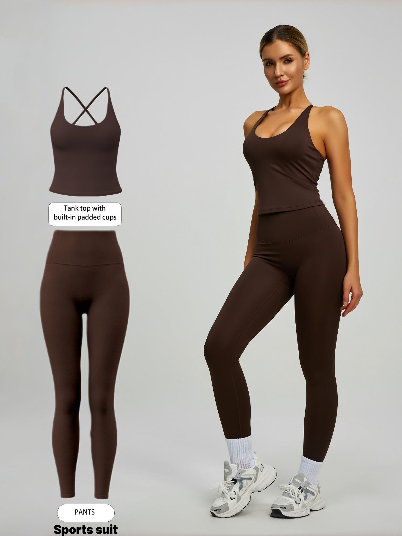 Women's 2-Piece Solid Color Sportswear Set, Sleeveless Backless Tank Top, High Waist Leggings, Slim Fit, Breathable Yoga Gym Outdoor Workout, Stretchable Activewear, Sports Fitness Wear