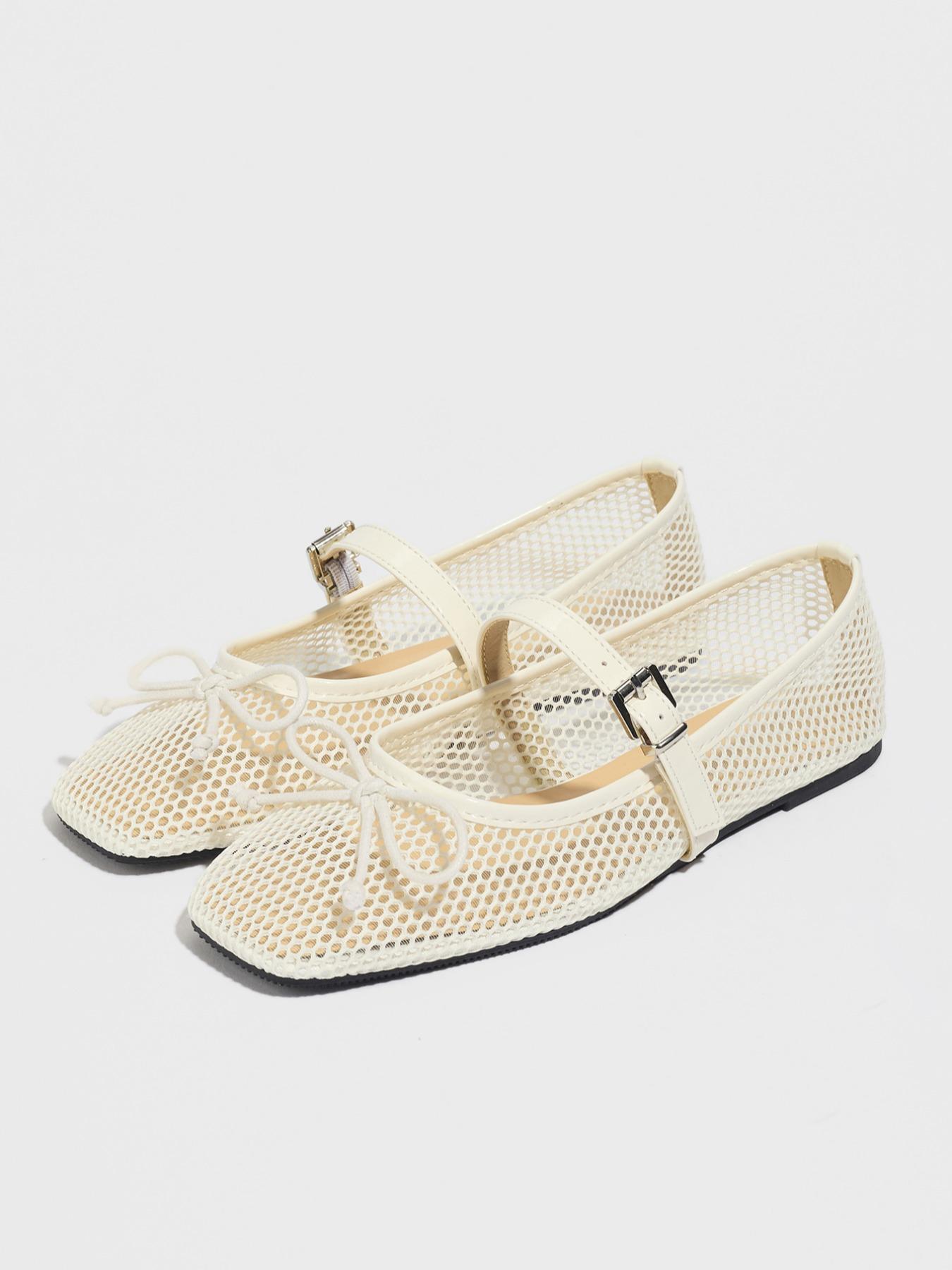 Ballerina Hollow Out Mesh Flat Shoes Summer Bowknot Square Toe Breathable Casual Sandals Fashion Comfort Soft Sole, Bowknot Design Flats