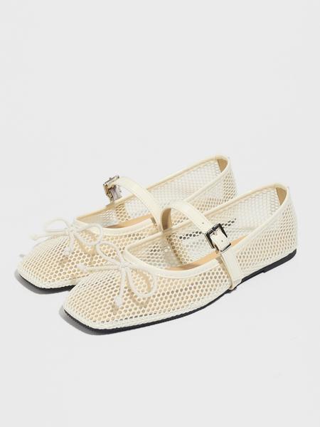 Ballerina Hollow Out Mesh Flat Shoes Summer Bowknot Square Toe Breathable Casual Sandals Fashion Comfort Soft Sole, Bowknot Design Flats