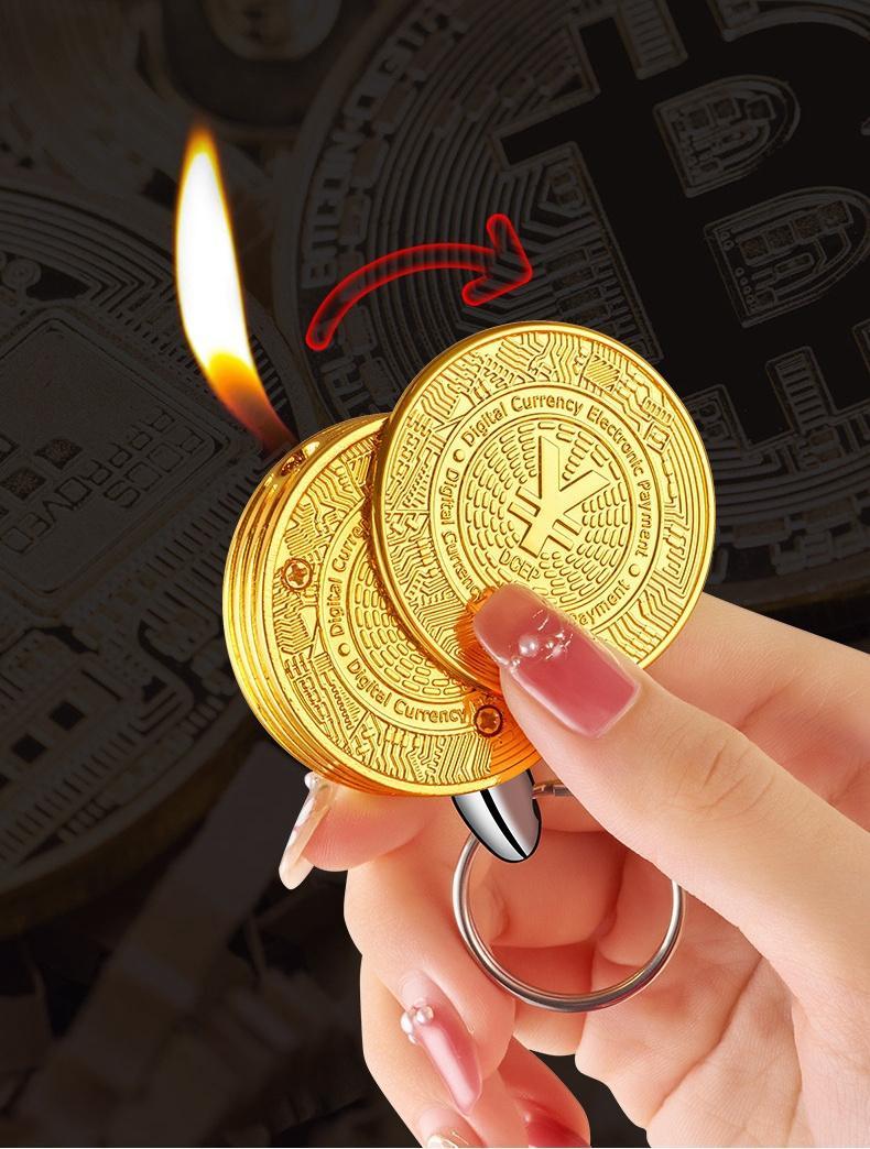 (Butane-free) Bitcoin-Shaped Refillable Butane Lighters, Windproof Metal Keychain Lighters with Adjustable Flame, Portable Coin Design for Camping, Candles & Outdoor Use-Cool Crypto Gift for Men & Friends (Butane Not Included)