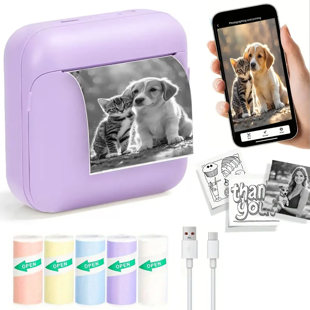 Wireless Mini Printer, Portable Thermal Inkless Label Printer, Compatible with iOS and Android, Ideal for Photos, Notes, Gifts, Receipts, Lists, DIY Journals