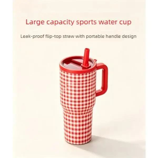 HydroJug 40Oz leak proof design Sports Water Bottle Red White Gingham HydroJug Tumbler With Handle, Large Capacity Stainless Steel Insulated Travel Cup For Car Gym Picnic