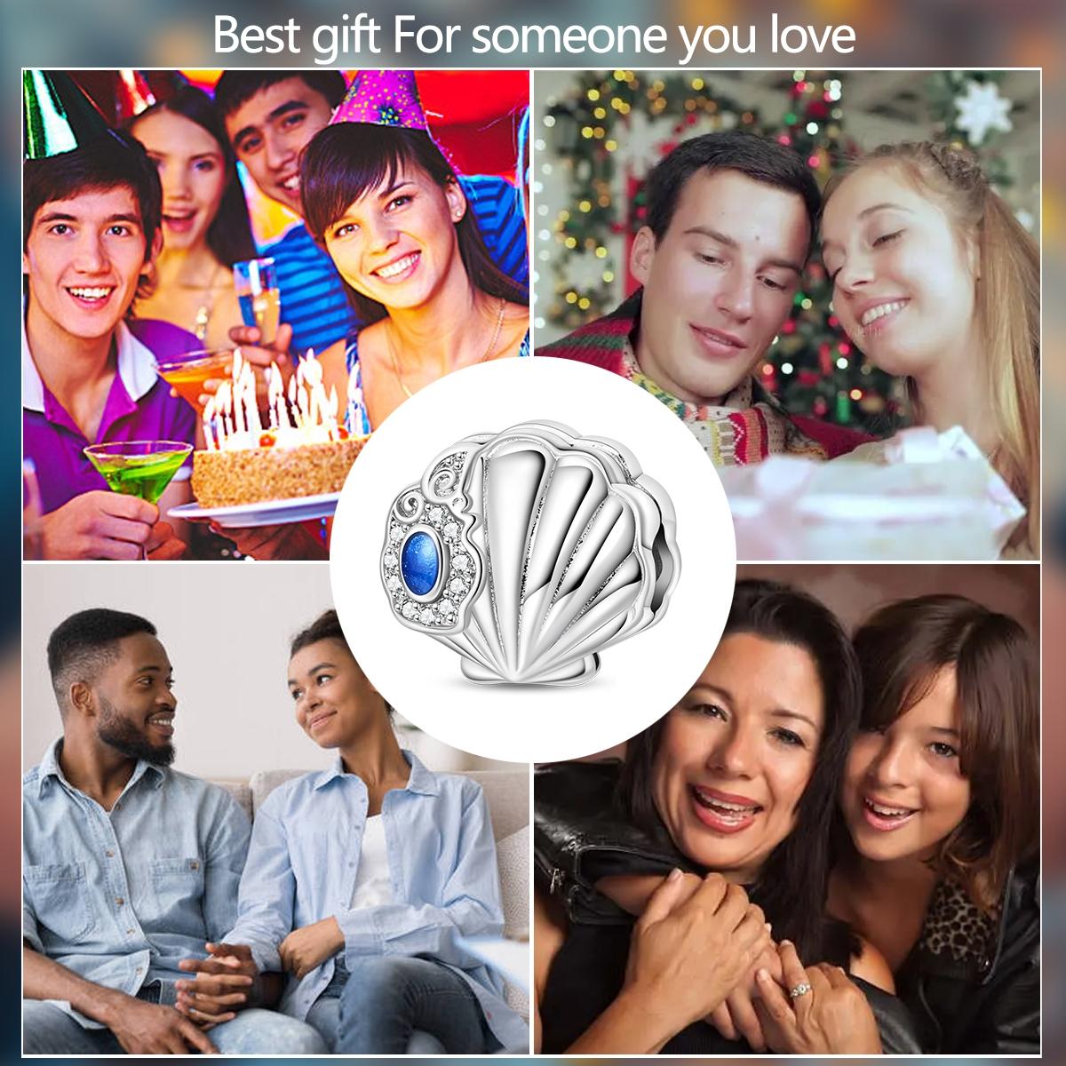 Summer Vacation Seashell Bead Charm, Plated 925 Silver Color, Blue Cz Inlaid, Ocean Themed DIY Jewelry, Beach Holiday Accessory for Women