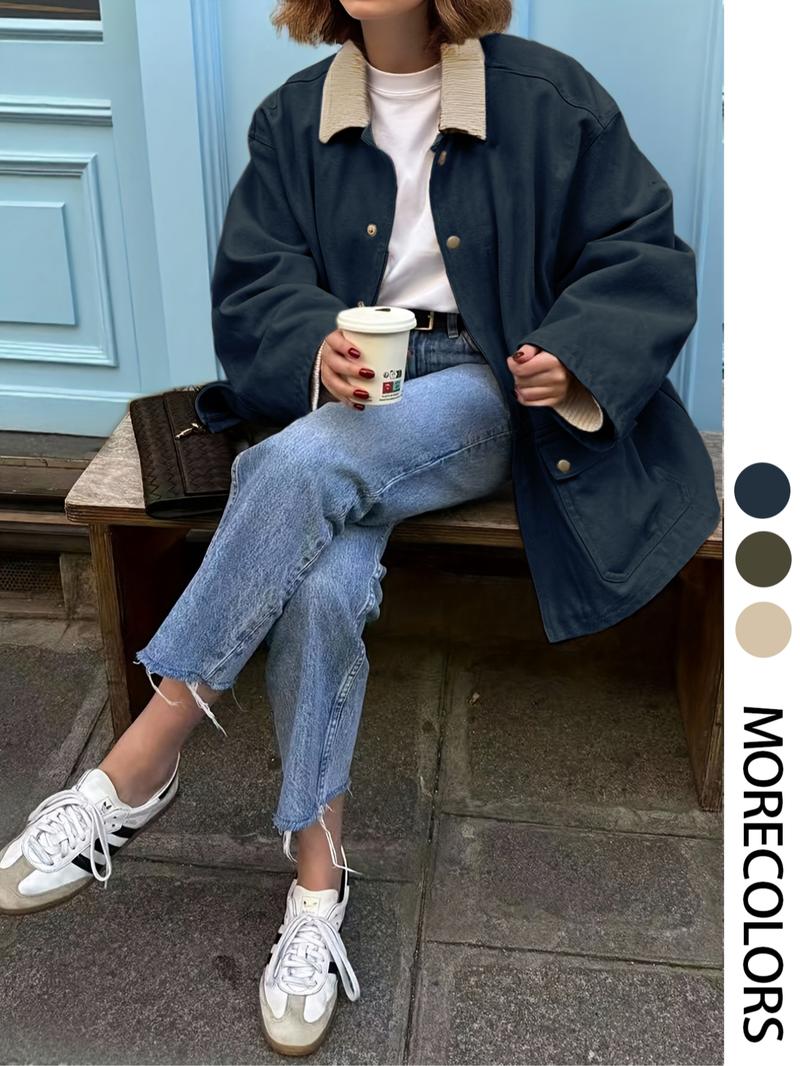 Autumn Winter New European Style Women's Retro Casual Loose Colorblock Corduroy Lapel Windbreaker Coat, Slim-Fit Woven Fabric Jacket