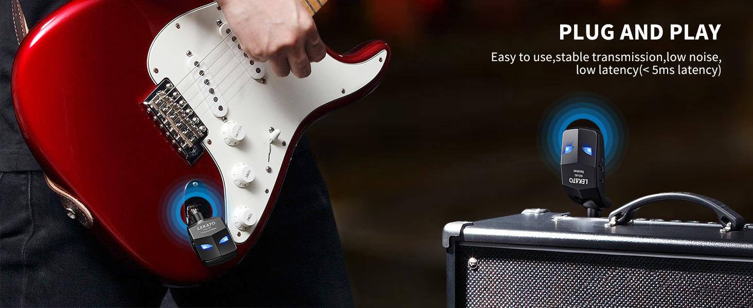 LEKATO WS-80 Wireless Guitar System 2.4Ghz, Audio Wireless Transmitter Receiver with 4 Channels for Electric Guitar and Bass, Rechargeable Guitar Wireless Transmitter and Receiver, for Electric Instruments