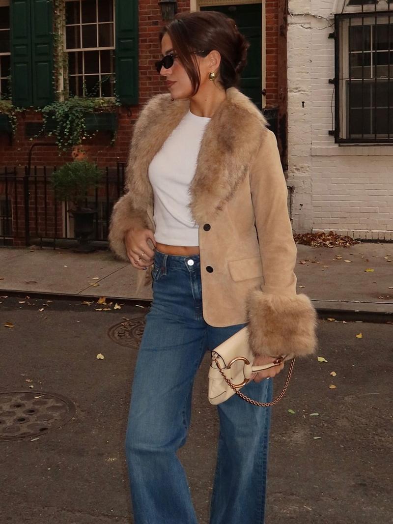 Women's Vintage Suede Jacket Coat, Faux Fur Trimmed Collar Cuffs and Button Design, Slim Fit Fall Winter Fashion Outerwear