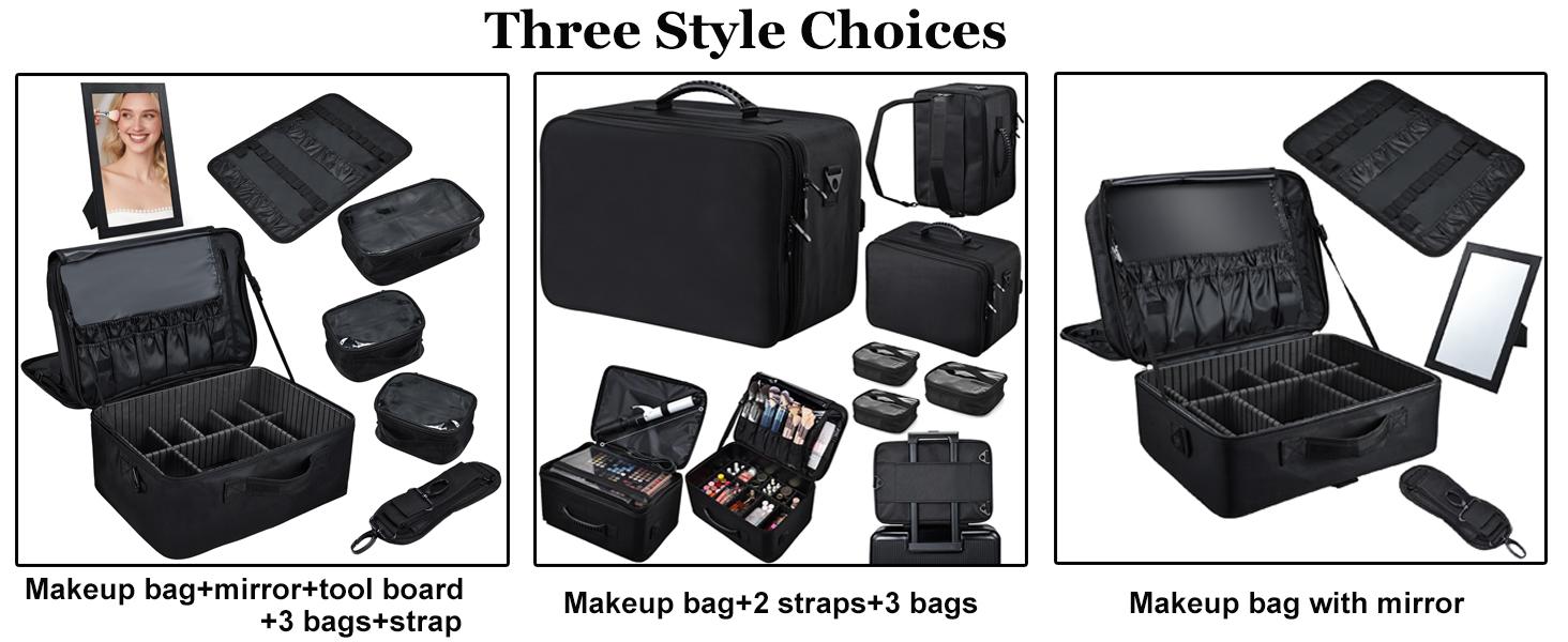 3 Layers Extra Large Makeup Case with Mirror 3 Clear Bags Shoulder Strap Trolley Sleeve Travel Train Case Professional Makeup Box Nail Organizer Salon Barber Suitcase