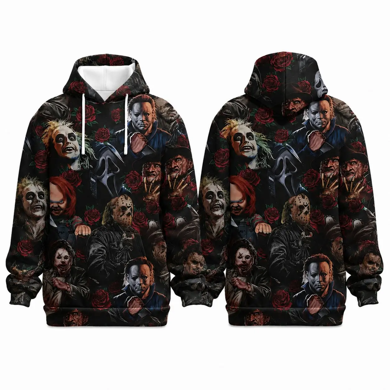 Retro Evil Character Graphic All-Over Print Hoodie, Spooky Season Hoodie, Halloween Gift for Men Women, Everyday Outfits for Autumn, Winter, and Spring