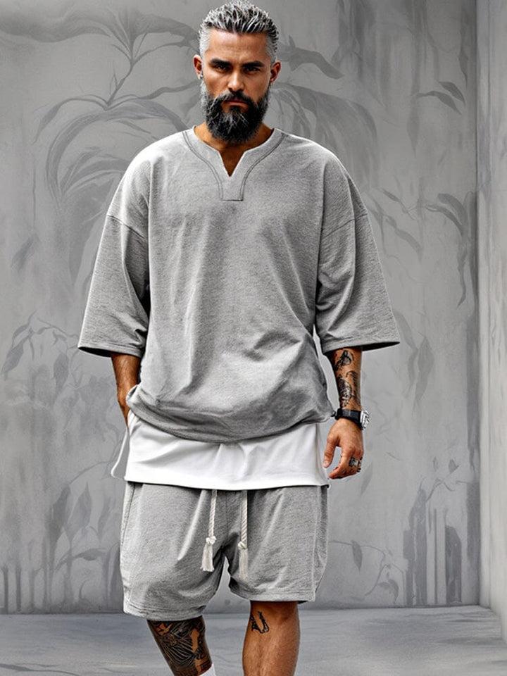 COOFANDY Men's Stylish Two-Piece T-Shirt & Shorts Set in Polyester - Casual V-Neck T-Shirt with Color-Block Hem & Elastic Waist Drawstring Shorts