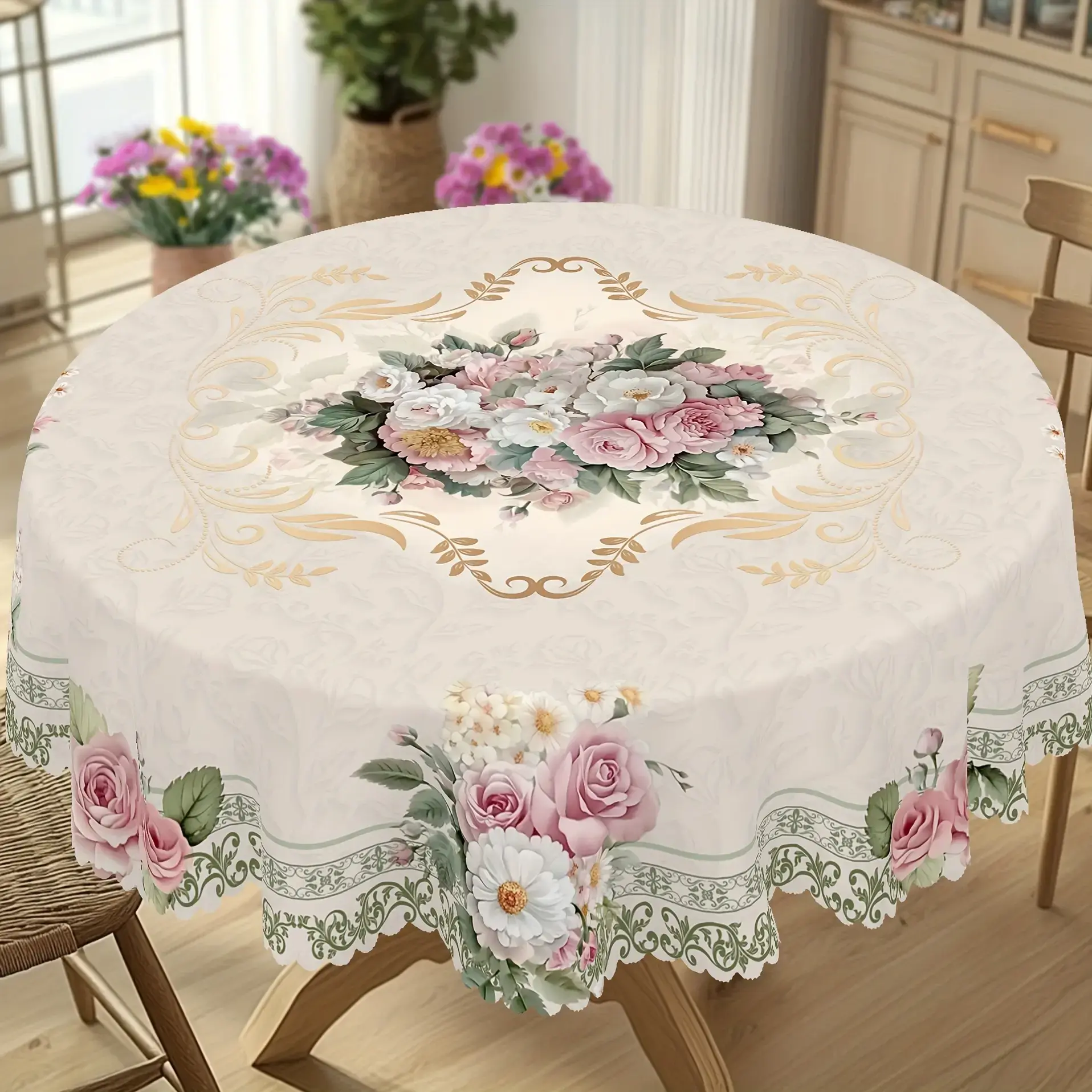 Vintage Rose & Daisy print Tablecloth - Elegant with Roses & Daisies, Machine-Made Rectangular/Possibly Round Suitable for Valentine's Day, Weddings, Birthdays, Kitchen & Dining Table Cover - Fabric for Indoor,Outdoor Use