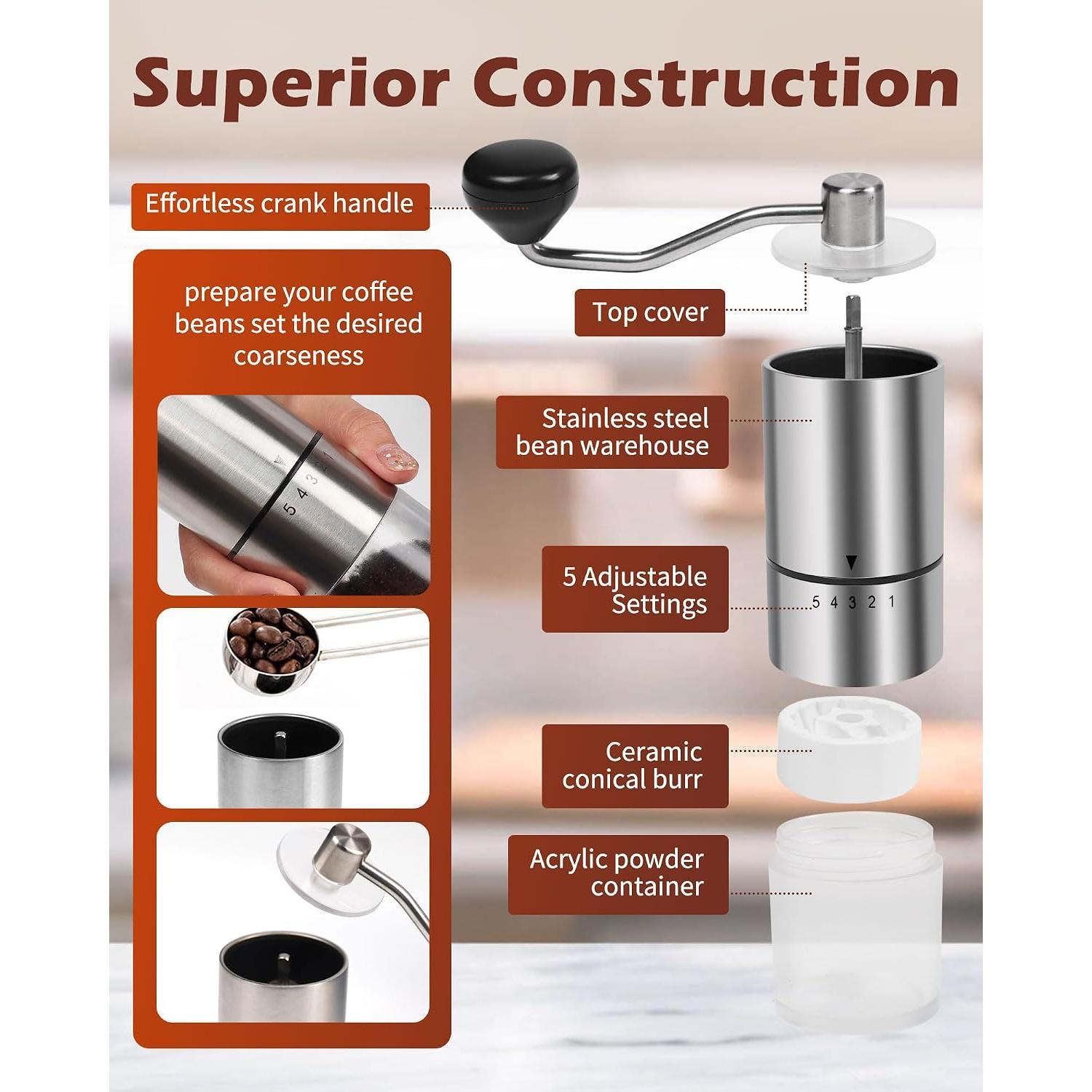 Manual Coffee Grinder with Ceramic Burr, 5 Adjustable Grind Settings, Hand Crank, Portable Size, Easy Cleaning, for Espresso, Press & Camping Travel Use