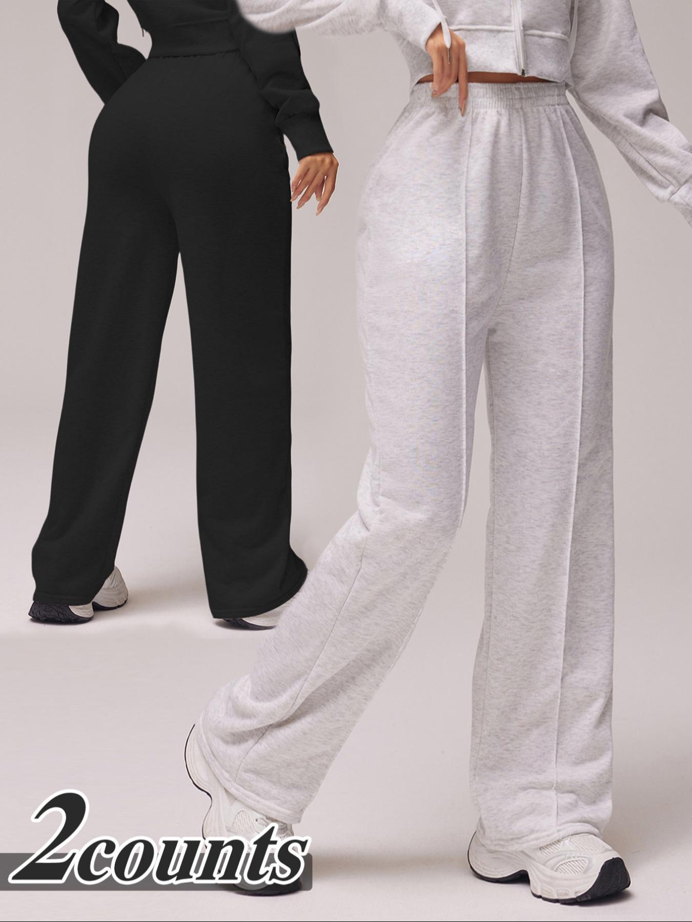 Women's Solid Color Top-Stitching Elastic Waist Sweatpants - Loose Fit Bottoms, Breathable Athleisure Style Bottoms, Female Everyday Activewear for Daily Outdoor & All-Season Use