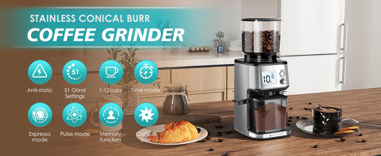 Homtone Conical Burr Coffee Grinder, Anti-Static Electric Espresso Grinder with 51 Precise Settings, Adjustable Coffee Bean Grinder for 2-12 Cups, Clog-Free, Digital Display Stainless Steel