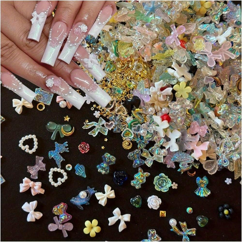 500-600pcs 3D Resin Nail Art Decorations, Mixed Colors Heart Flower Bow Flat Bottom Rhinestones, DIY Jewelry Accessories
