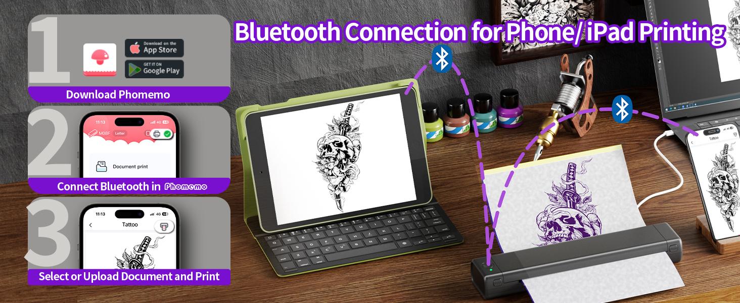 Phomemo M08F Tattoo Printer – Wireless Bluetooth Thermal Printer for Tattoo Artists & Beginners, Compatible with Smartphone, Tablet & PC, Includes 10pcs Transfer Paper, Ideal for On-the-Go Tattoo Transfers